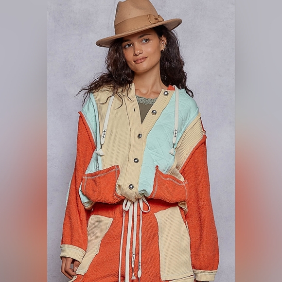 POL Mixed Media Colorblock Quilted Patchwork ThermalHoodie Shacket